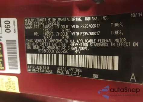 2015 Toyota Sienna L 7 Passenger z USA, uszkodzony, nr VIN 5TDZK3DC0FS550456